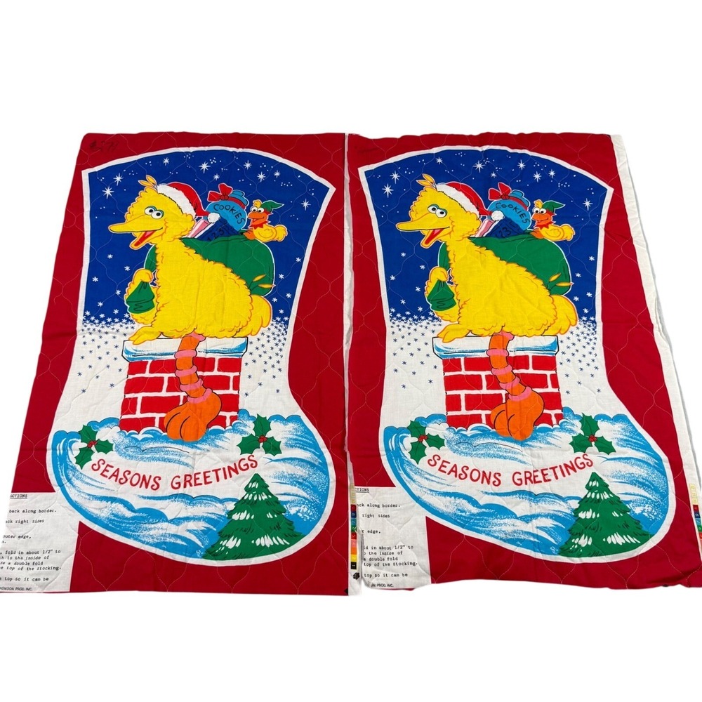 Vintage Sesame Street Big Bird Christmas Stocking Quilted Fabric Panel 2pc Set